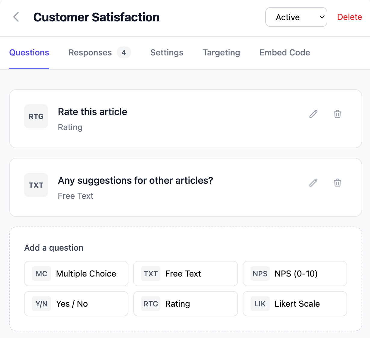 Popsee survey builder showing question types
