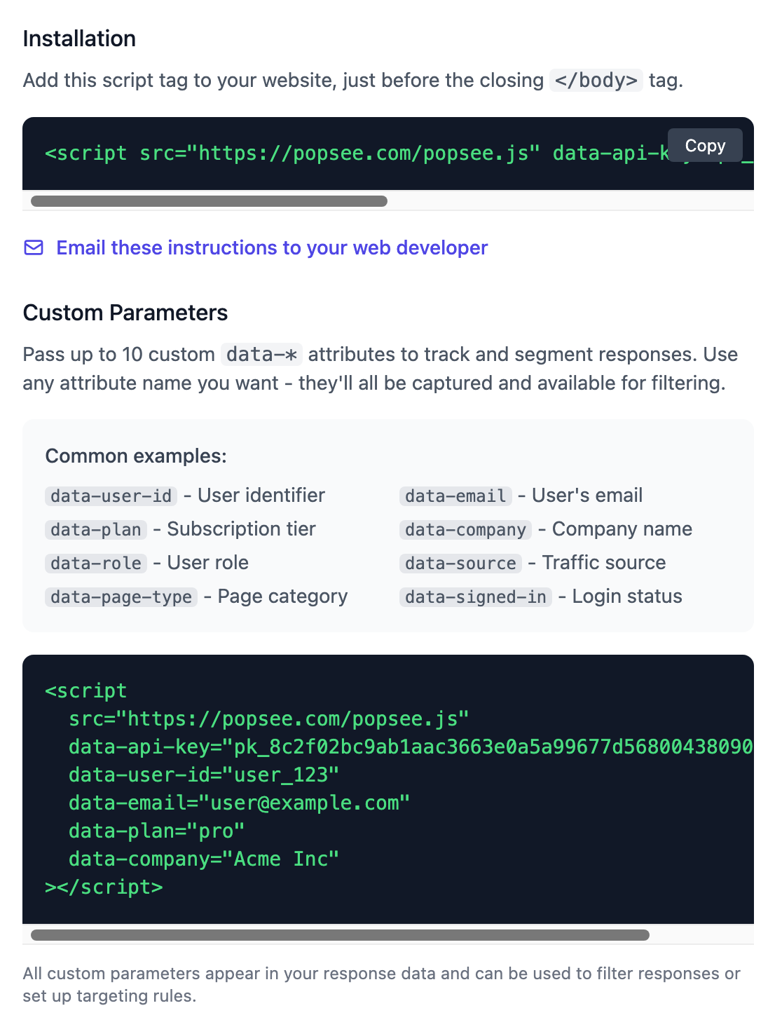 Popsee embed code and installation